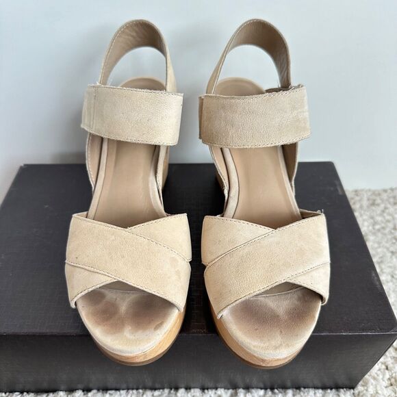 Eileen Fisher Beige Suede Wood Platform Cutout Wedge Stud Peeptoe Sandals US 6 - Picture 1 of 6